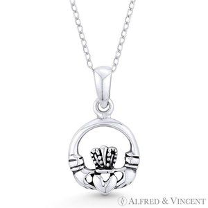 Irish Claddagh & Heart Celtic Luck Charm Pendant in . 925 Sterling Silver